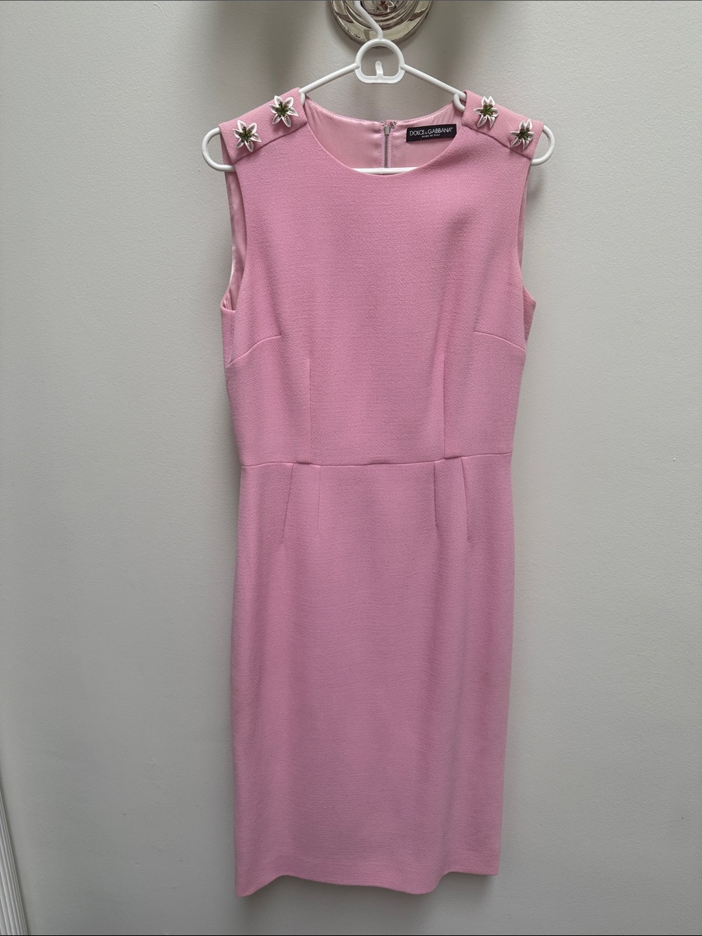 Dolce & Gabbana Pink Sleeveless Sheath Dress with Star Shoulder Embellishments